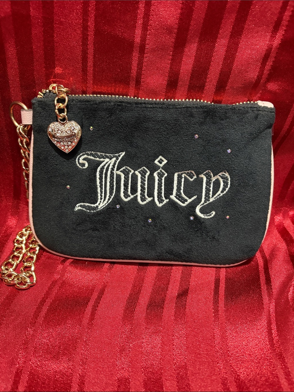Juicy Couture Black Suede Wristlet with Gold Chain and Heart Charm